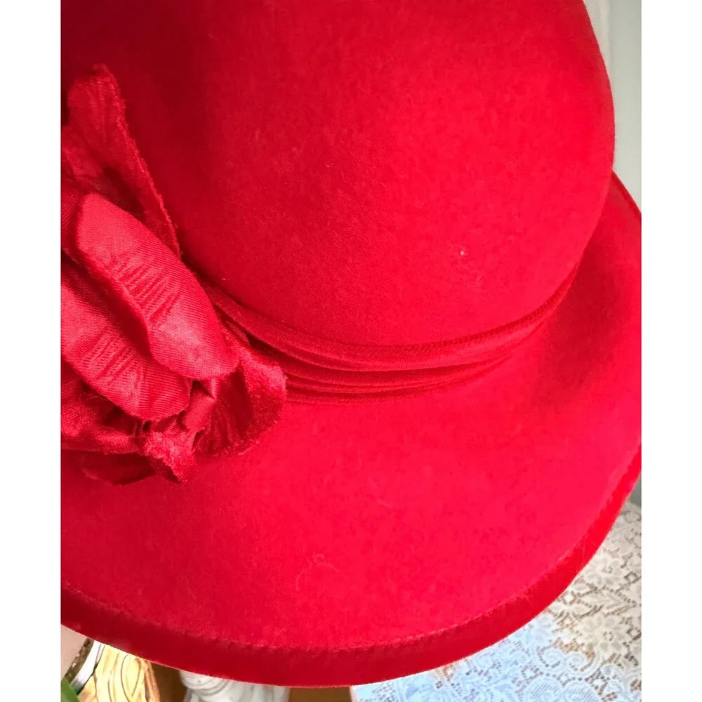 Vintage Red Wool Cloche Hat | Marshall Field’s Scala Wide Brim Floral Accent